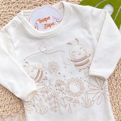 Kit 3 Peças - Bodys Manga Longa Abelha Fofa com Tule - Rosa, Off White e Rose